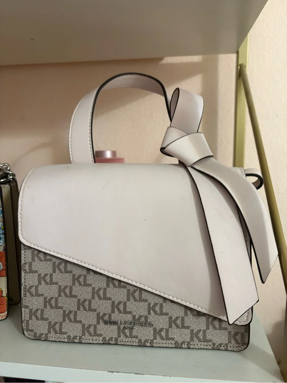 Michael Kors White and Beige Logo Bow-Accent Top-Handle Shoulder Bag